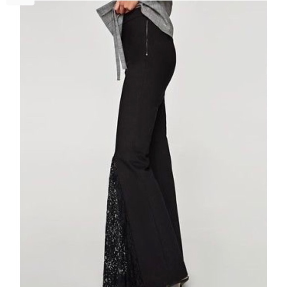 Zara Black Flared Trouser with Lace Inset Trim - Picture 3 of 8
